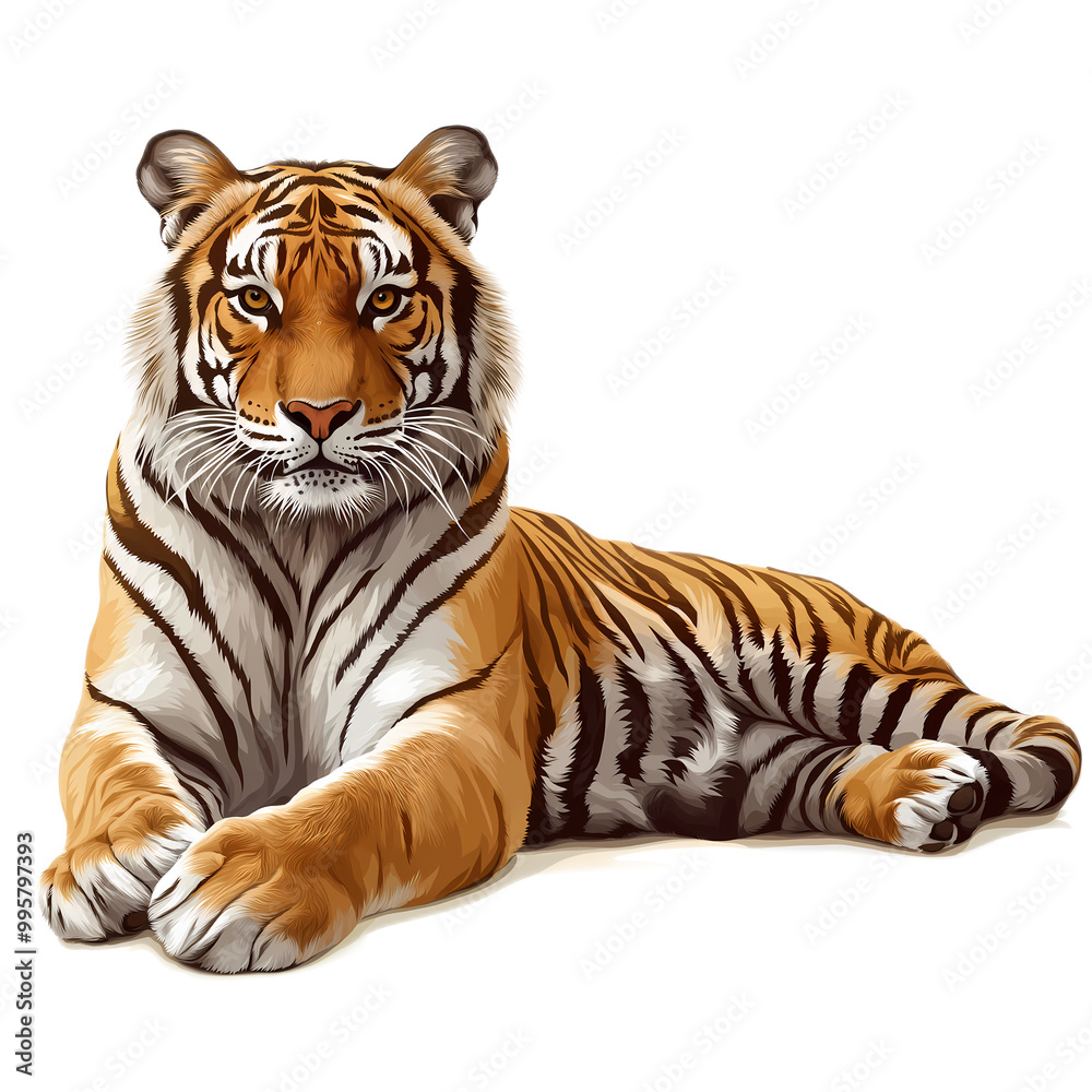 Obraz premium A majestic tiger lounging gracefully on a soft surface, exuding strength and beauty, with its eyes piercing through the scene, ,isolated on transparent background, cut out, png