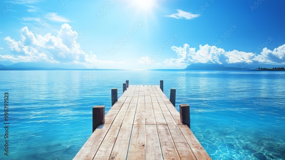 Tranquil Wooden Dock Overlooking Calm Lake and Scenic Horizon Under Blue Sky Tranquil Wooden Dock Overlooking Calm Lake and Scenic Horizon Under Blue Sky