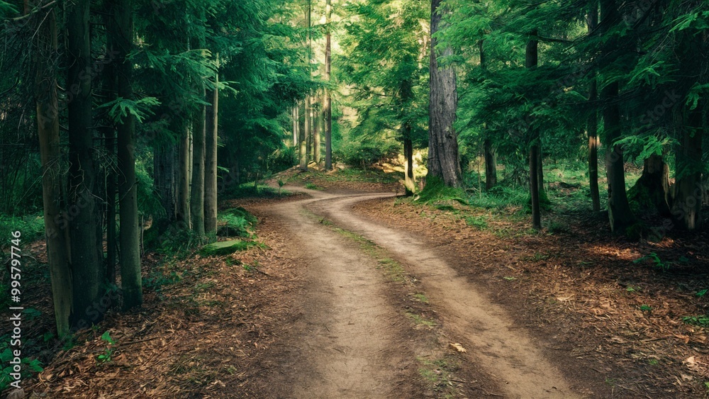 Fototapeta premium Serene forest path with dappled sunlight and fallen leaves