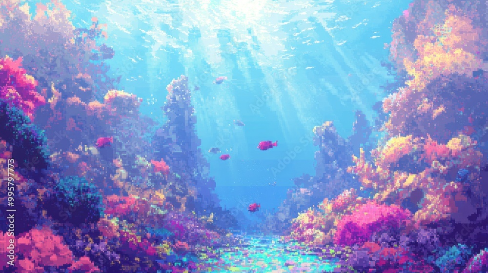 A Colorful Underwater Scene with Sunbeams and Fish A Colorful Underwater Scene with Sunbeams and Fish