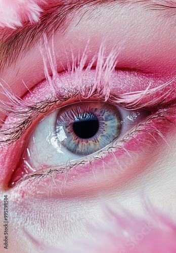 A close up of a woman's eye with pink lashes and a blue iris photo