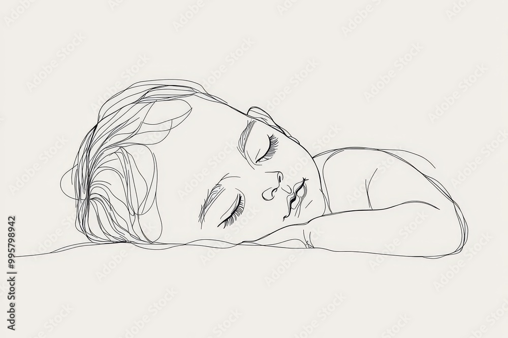 one line drawing illustration of a baby. Cute sleeping baby drawn from ...