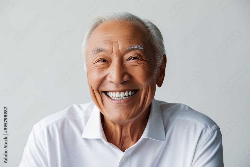 Intimate Portrait of a Cheerful Elderly Man with a Grin and Bright White Teeth on a Clean White Background Intimate Portrait of a Cheerful Elderly Man with a Grin and Bright White Teeth on a Clean White Background