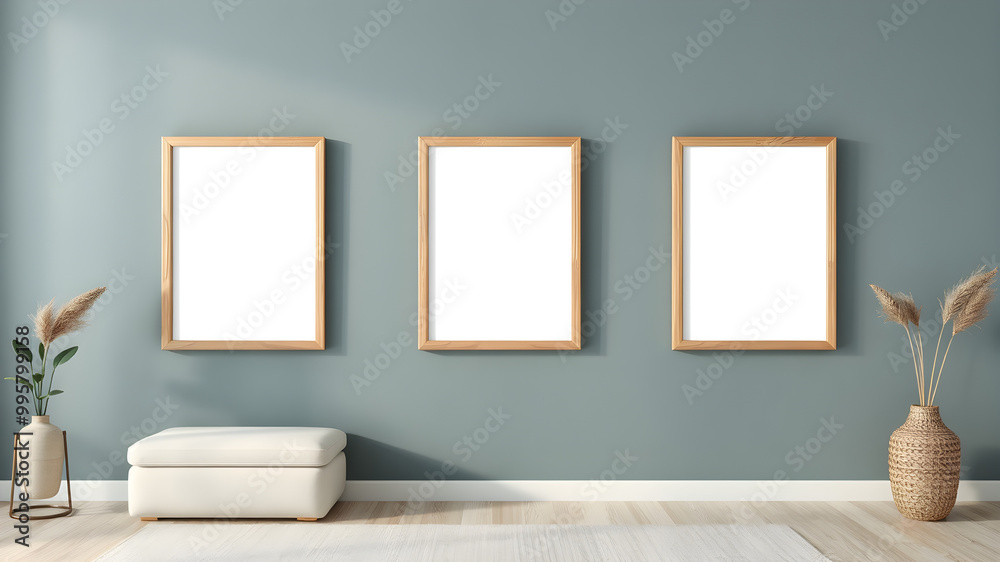 Minimalist Interior with Empty Frames on Blue Wall Minimalist Interior with Empty Frames on Blue Wall