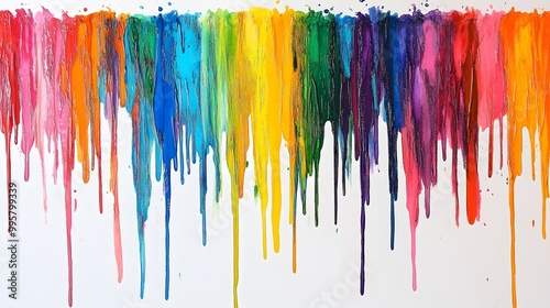 Rainbows of paint splashing on a white background, vibrant colors dripping and blending together