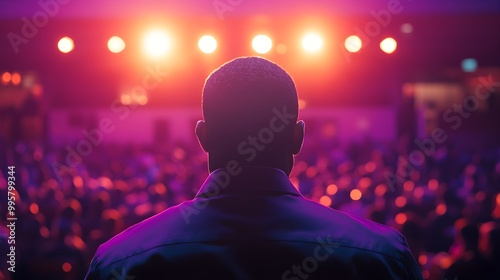 A community leader addressing a crowd in a town hall, donning a purple shirt that signifies wisdom and unity, selective focus, community engagement theme, vibrant, Silhouette with a stage backdrop