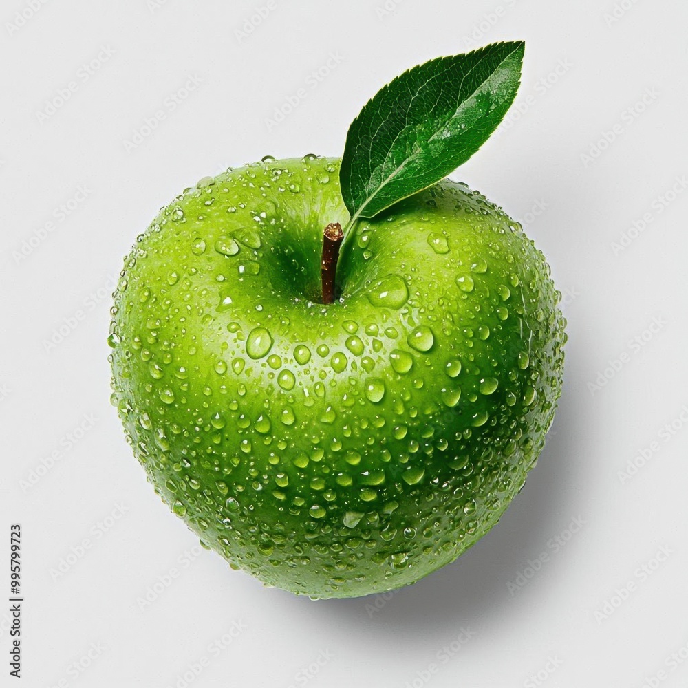 A photostock images of green apple with water droplets isolated on a clean white background