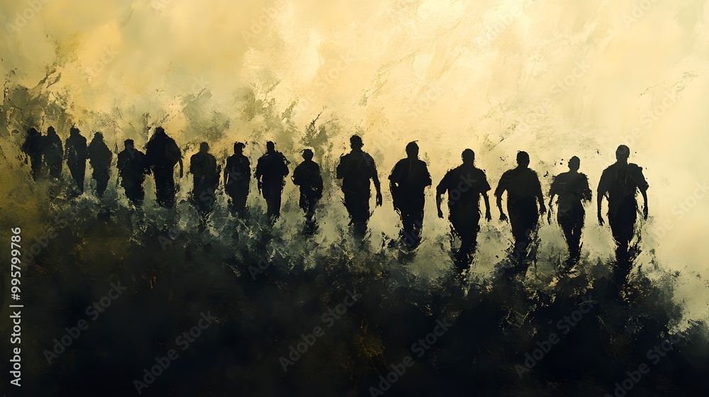 A digital painting of a community march, participants wearing black shirts, their silhouettes forming a powerful wave of solidarity. Digital Painting, Dark Tones, High Contrast, Dynamic Composition A digital painting of a community march, participants wearing black shirts, their silhouettes forming a powerful wave of solidarity. Digital Painting, Dark Tones, High Contrast, Dynamic Composition