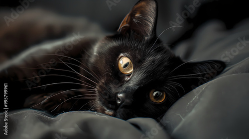 Close-Up of Black Cat Relaxing on Bed with Focused Eyes, Captured in Warm-Toned, High-Definition Photography