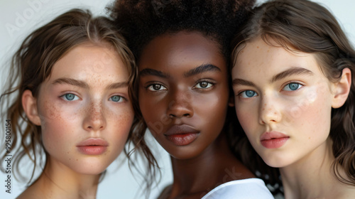 A close-up portrait of three young women, each with a different skin tone. Generative AI.