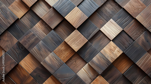 woodenWood Block Wall background. Mosaic Wallpaper with Light and Dark Timber Diamond tile pattern. 3D Render wooden background. Generative AI. photo