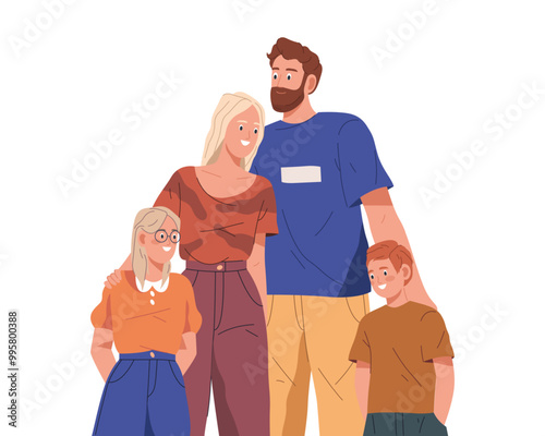 Isolated vector family standing. Mother and father, son and daughter photo. Image of mom and child, parent and kid together. Woman and man with children. Happy character posing. Partner couple