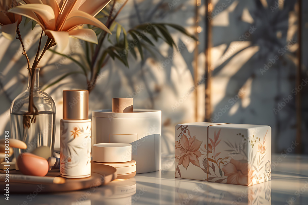 Elegant arrangement of cosmetics and flowers in serene indoor setting. Generative by AI