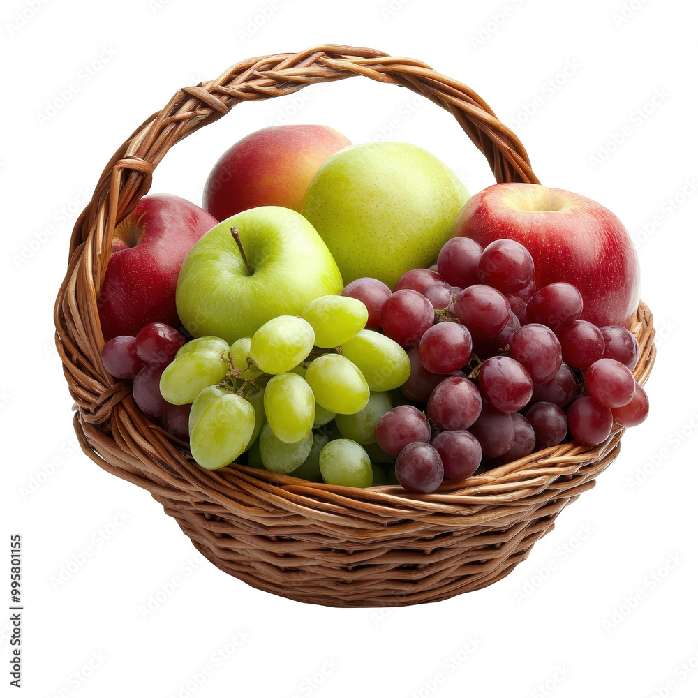 A basket of fruit including apples and grapes A basket of fruit including apples and grapes