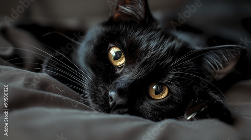 Close-Up of Black Cat Relaxing on Bed with Focused Eyes, Captured in Warm-Toned, High-Definition Photography