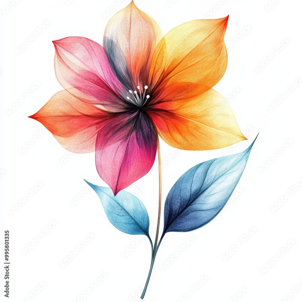 Vibrant watercolor flower with petals in shades of pink, orange, and blue. Vibrant watercolor flower with petals in shades of pink, orange, and blue.