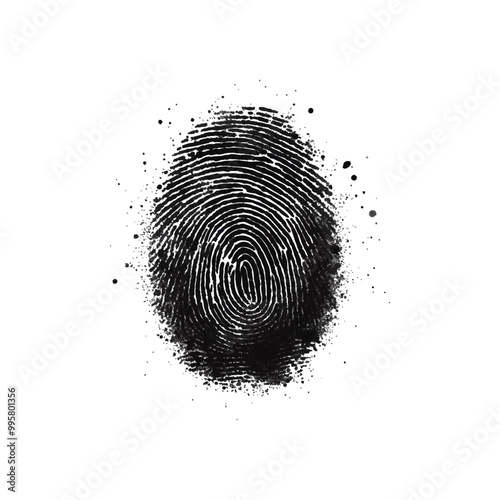 Vector black fingerprint in white isolated. background.Fingerprint Icon, Finger Print Identity Symbol, Grunge Thumbprint Sign, Fingerprint Silhouette, ID Graphic Element, Touch Vector Illustration.	