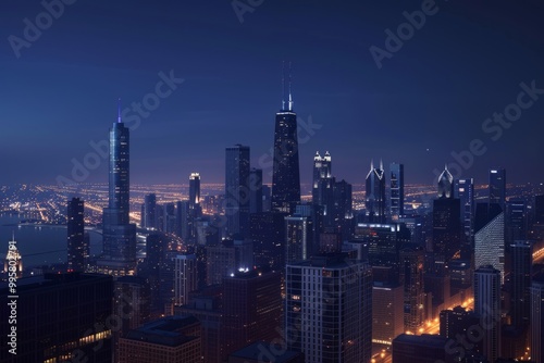 A stunning city skyline illuminated at night. The towering buildings reflect the vibrant lights below. This image captures urban beauty and modern architecture. Generative AI