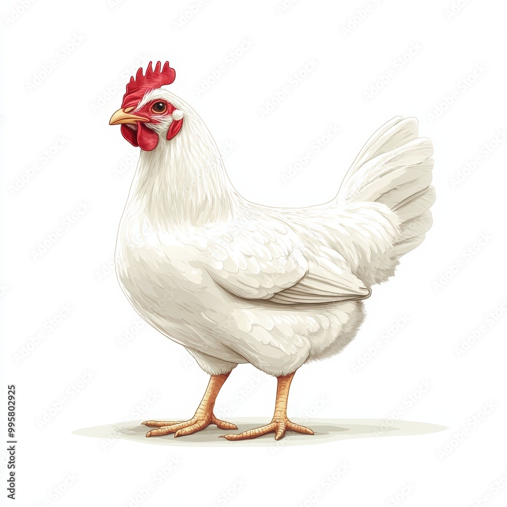 Fototapeta premium White hen with red comb standing isolated on a white background.