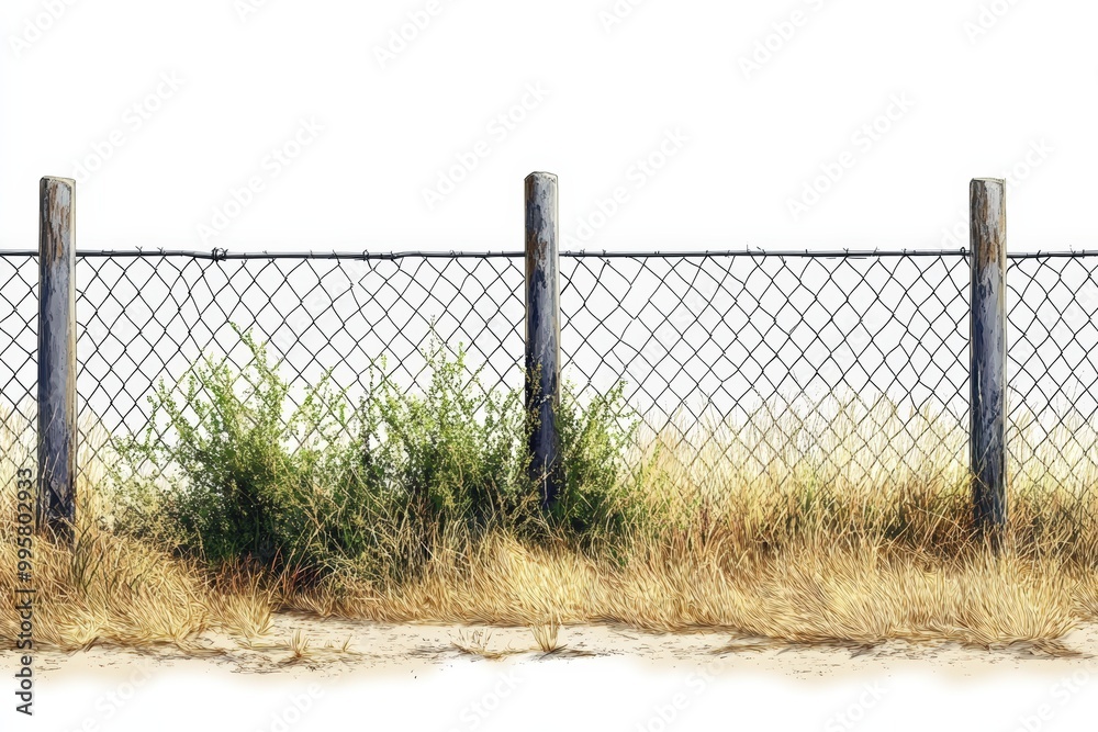 Wire fence with overgrown grass under a clear sky, white isolate background. Wire fence with overgrown grass under a clear sky, white isolate background.