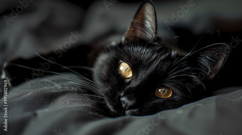 Close-Up of Black Cat Relaxing on Bed with Focused Eyes, Captured in Warm-Toned, High-Definition Photography