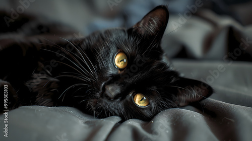 Close-Up of Black Cat Relaxing on Bed with Focused Eyes, Captured in Warm-Toned, High-Definition Photography