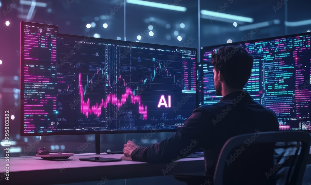 Man coding AI program on computer. Man coding AI program on computer.