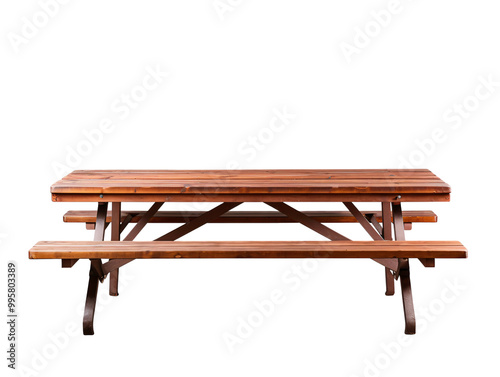 a wooden picnic table with benches