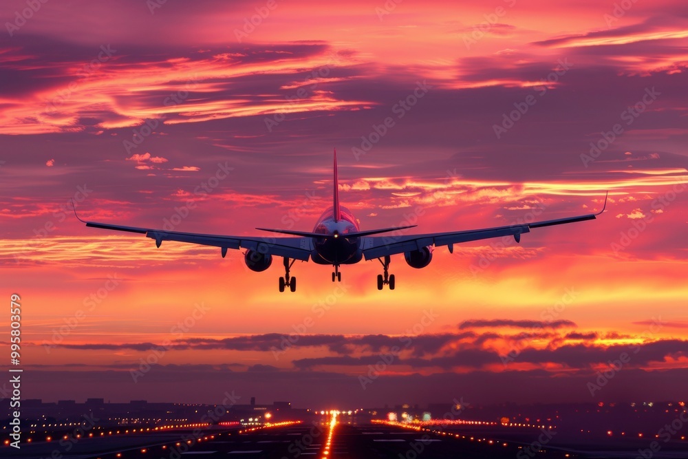 Silhouette plane landing on a runway with a stunning sunset and fiery sky. Suitable for aviation, travel, transportation, and sunset themes. Generative AI Silhouette plane landing on a runway with a stunning sunset and fiery sky. Suitable for aviation, travel, transportation, and sunset themes. Generative AI