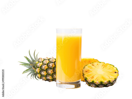 a glass of orange juice next to a pineapple photo