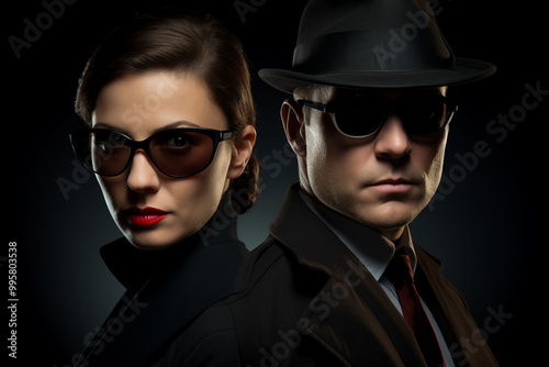 Generative AI illustration of secret agent spy person classic spy movie stylish action clothes scene