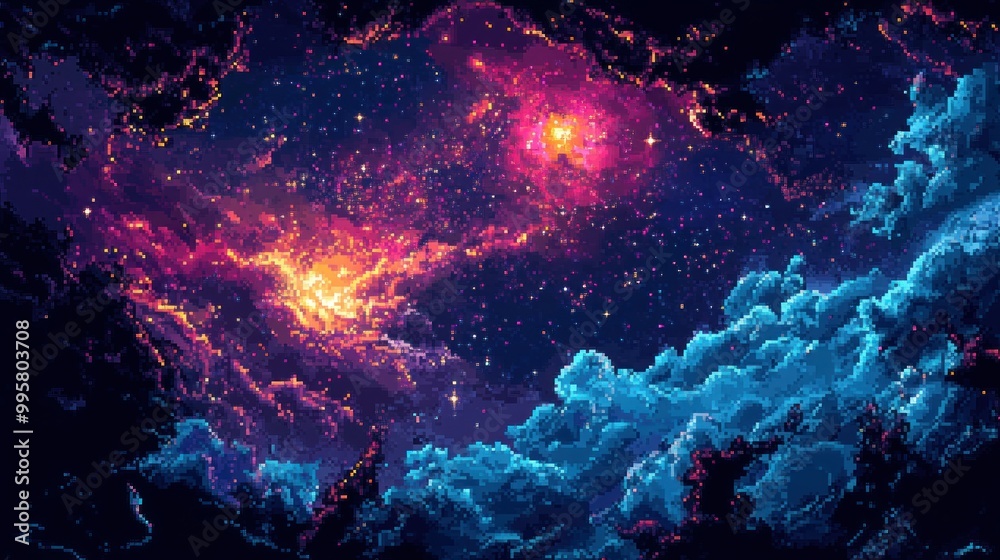 Obraz premium Pixelated Nebula with Red and Blue Gas Clouds in Space