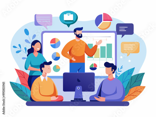 set business flat vector illustration design style concept. for graphic and web page banners. cartoon character design. team online video conference meeting. business planning. data analytics