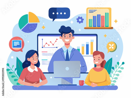 set business flat vector illustration design style concept. for graphic and web page banners. cartoon character design. team online video conference meeting. business planning. data analytics