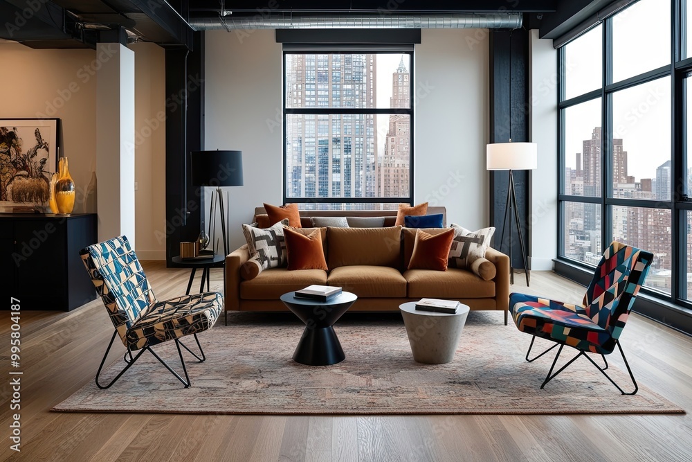 Modern Loft Living Room Design with Tan Sofa and Stylish Geometric Chairs Modern Loft Living Room Design with Tan Sofa and Stylish Geometric Chairs