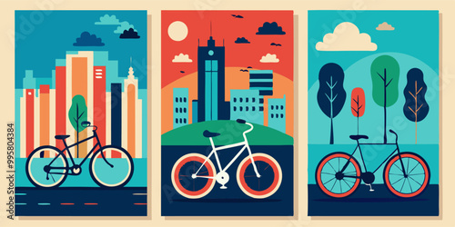Urban bike culture posters featuring cityscapes and vibrant text design