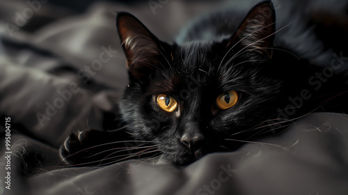 Close-Up of Black Cat Relaxing on Bed with Focused Eyes, Captured in Warm-Toned, High-Definition Photography
