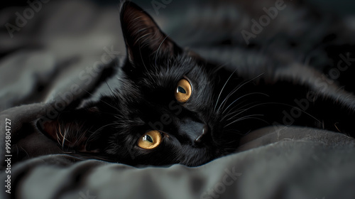 Close-Up of Black Cat Relaxing on Bed with Focused Eyes, Captured in Warm-Toned, High-Definition Photography