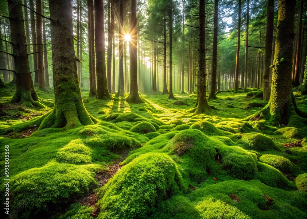 In a calm natural setting, a vibrant mossy carpet spreads across the forest floor, encircled by majestic trees,