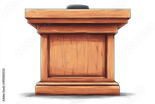 Wooden podium with a black microphone on a white isolated background.