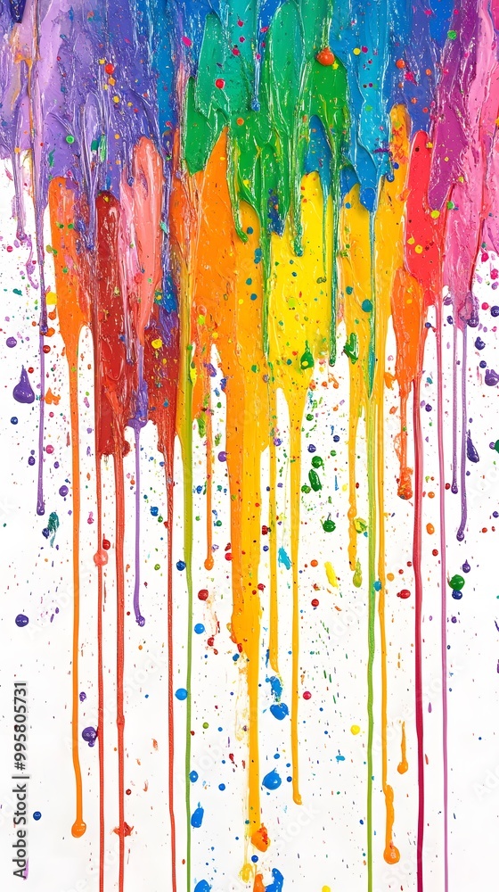 Fototapeta premium Rainbows of paint splashing on a white background, vibrant colors dripping and blending together