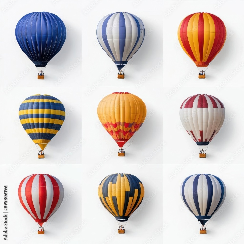 Obraz premium A photostock images of a series of hot air balloons in various colors with clean white background, no shadows