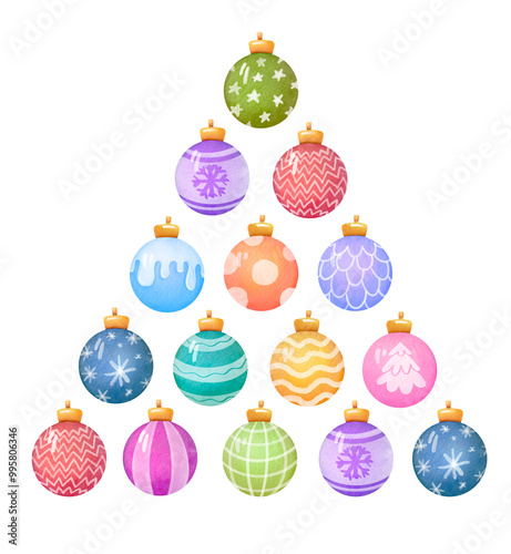 xmas watercolor concept, Christmas tree made of balls. happy holidays card, New Year illustration isolated on transparent background, clip art and cut out element design