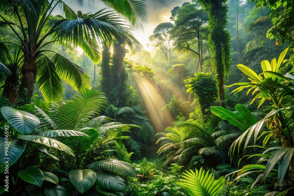Naklejka premium In a lush green rainforest, dense foliage and diverse tropical plants thrive while sunlight streams through the trees,