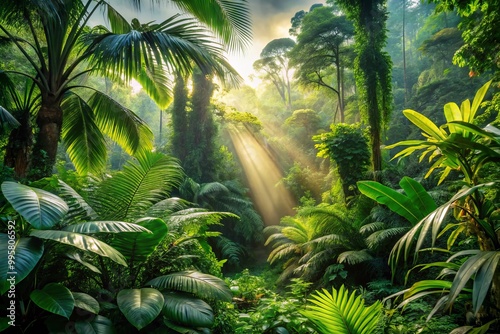 In a lush green rainforest, dense foliage and diverse tropical plants thrive while sunlight streams through the trees,