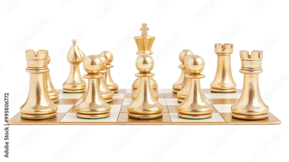 A chess set with a gold and white board and pieces A chess set with a gold and white board and pieces