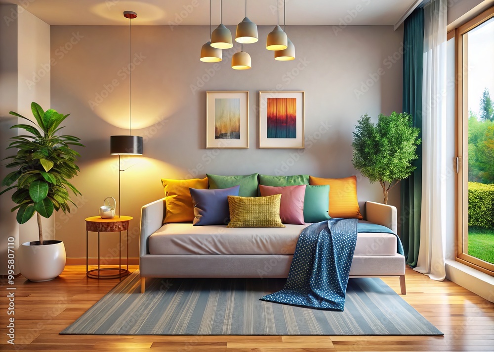 Fototapeta premium In a modern minimalist bedroom, a cozy single couch with decorative pillows enhances the inviting atmosphere, creating