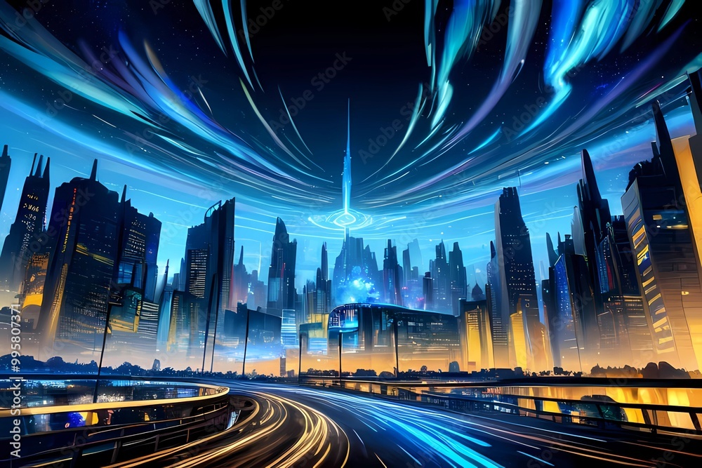 Fototapeta premium 近未来ビルのあるサイバーシティ機械都市の夜景壁紙 