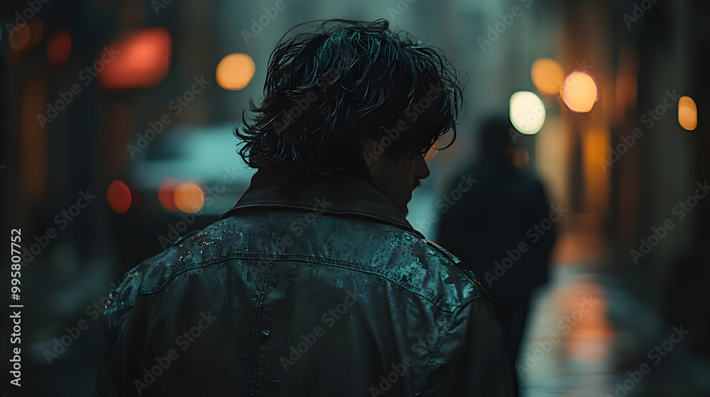 Obraz premium A Man Walks Through A City Street At Night With A Wet Jacket, Illuminated By Blurry Street Lights