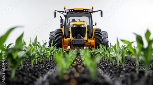 A vibrant yellow tractor working in a lush green field, symbolizing modern agriculture and the farming industry.